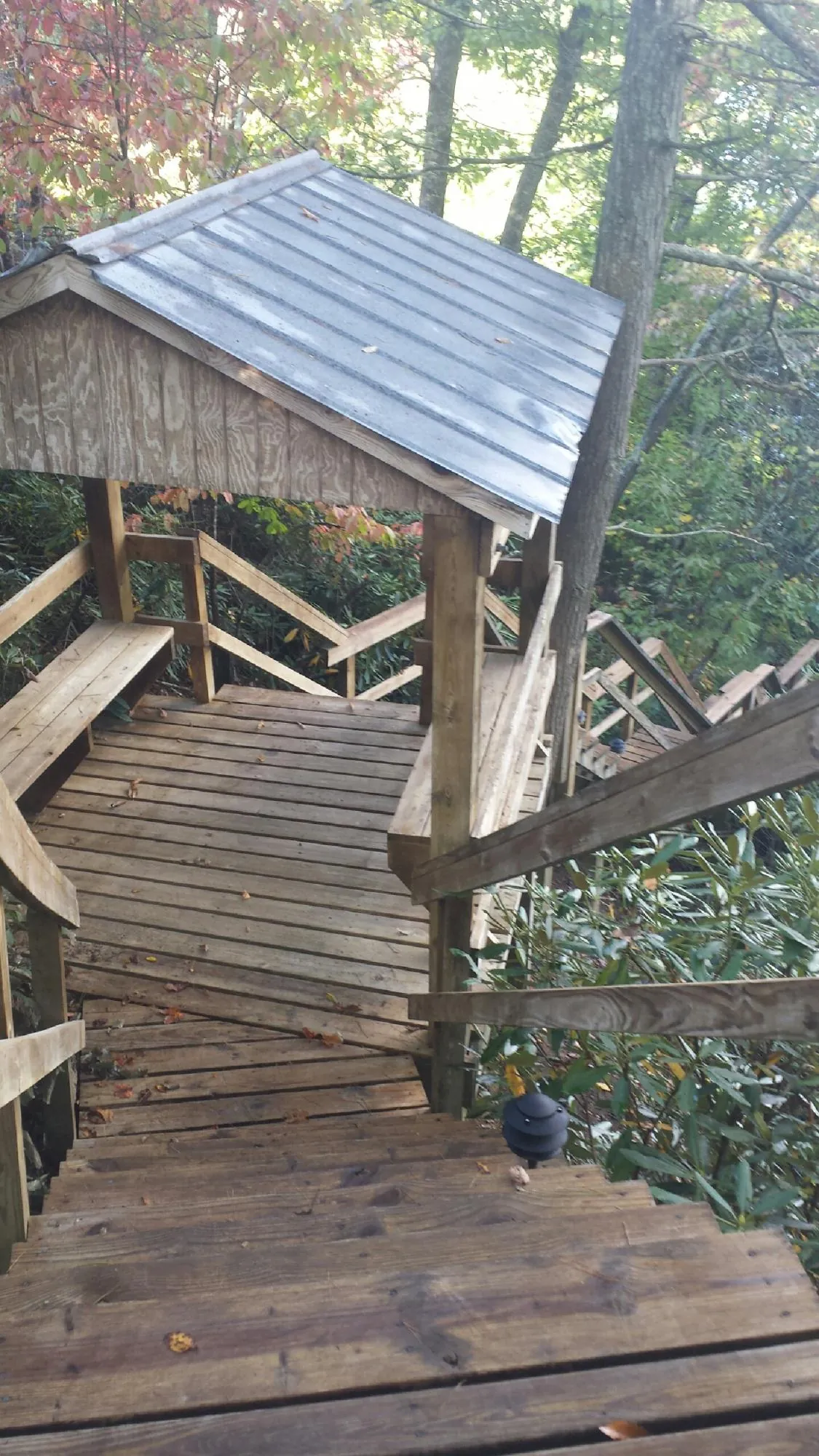 Metal roofed shelter over wooden steps on a wooded walkway — Skylight Repair & Installation work by our crew in Post